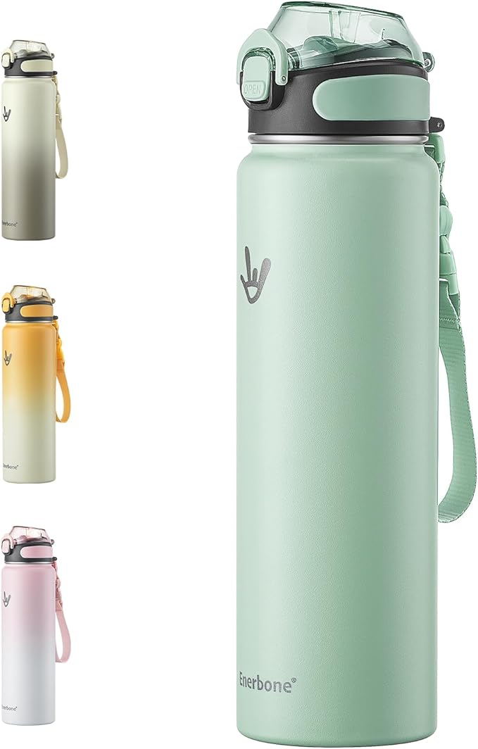 Enerbone 32 oz Insulated Water Bottle, Stainless Steel Bottle with Carrying Strap, Double-Wall Vacuum Insulation Design, Leakproof Sports Bottle with Straw, Keep Drinks Cold or Hot for Hours