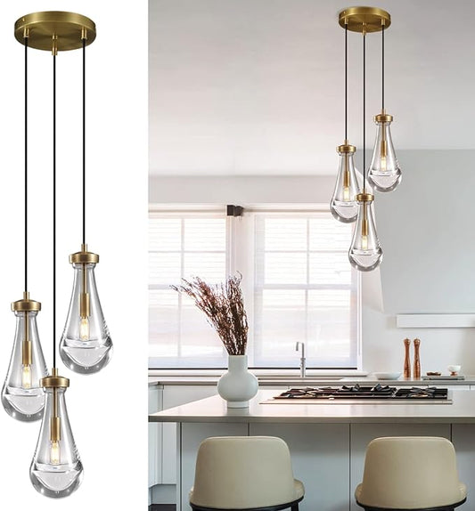 Brass 3 Light Pendant Lighting for Kitchen Island, Raindrop Cluster Pendant Light Fixture, Adjustable Hanging Rope Glass Chandelier Dining Room Light Fixture Ceiling Lamp for Foyer Hallway
