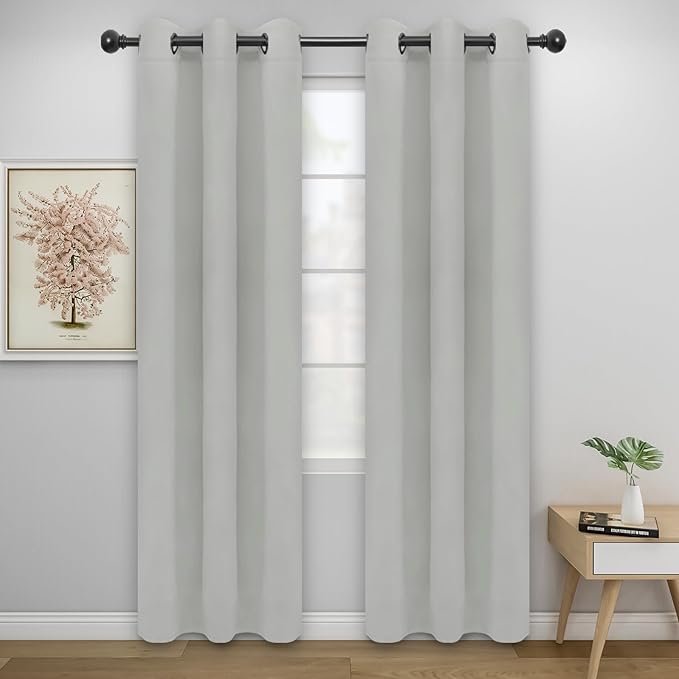 Easy-Going Blackout Curtains for Bedroom, Solid Thermal Insulated Grommet and Noise Reduction Window Drapes, Room Darkening Curtains for Living Room, 2 Panels (34x84 in, Greyish White)