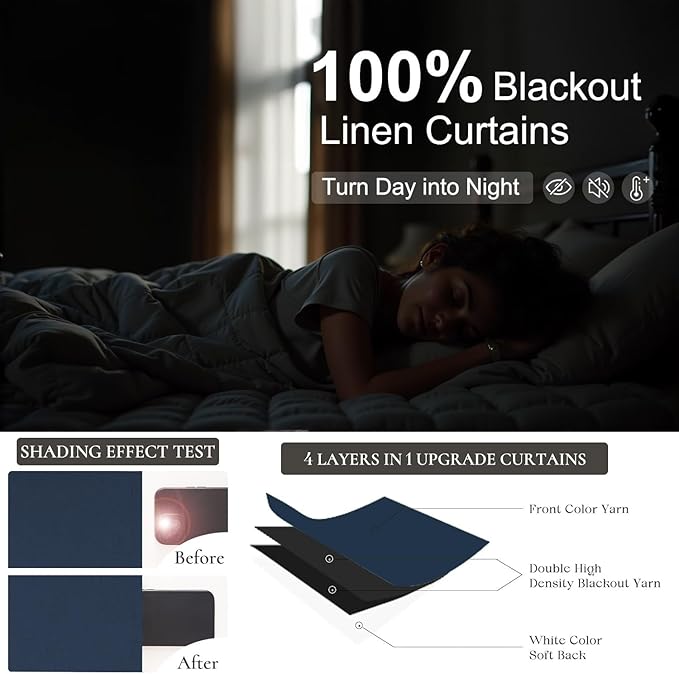 Navy Blue Curtains 90 Inches Long for Living Room Blackout 52 Inch Wide Curtains for Bedroom Window Floor Length Soft Fabric Polyester Linen Blend Noise Reduction Soundproof Nautical Curtain Dark Blue