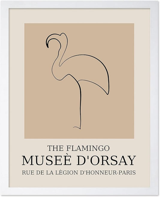 Poster Master Vintage Poster - Retro Minimalist Print - Gift for Artist, Housewarming - Flamingo, Line Drawing, Sketch, Abstract - Wall Decor for Living Room, Bedroom, 8x10 White Framed