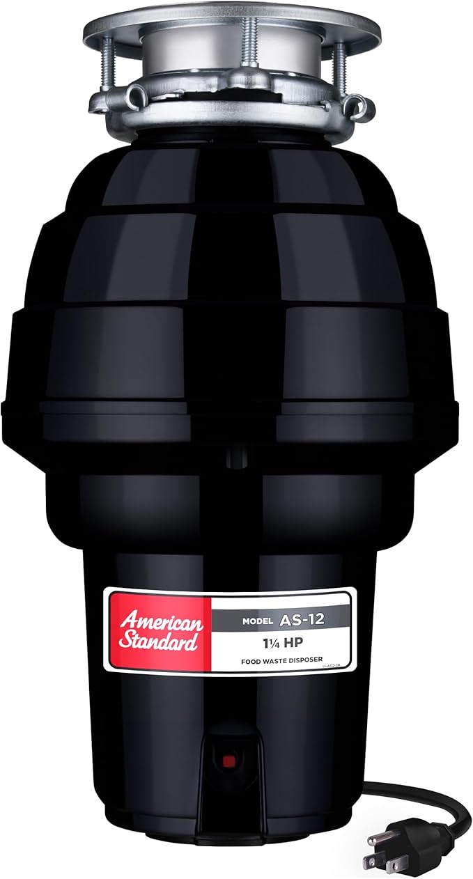 American Standard 10-US-AS-12 Garbage Disposal Anti-Jam Stainless Steel Food Waste Grinding System, Heavy Duty, 1.25 HP, Black