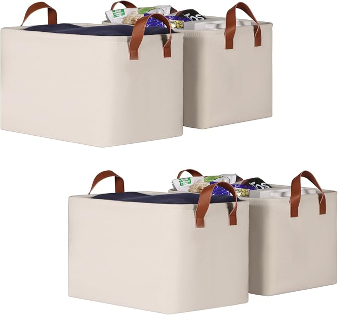 KEEGH Storage Baskets for Organizing, Fabric Storage Bins for Shelves with Leather Handle, Shelf Baskets for Closet Organization Closet Organizer Bins for Clothes, 15" L x 11" W x 10" H, Beige, 4 Pack