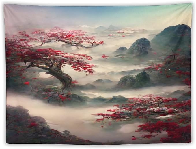 Japanese Tapestry, Red Plum Cherry Blossom Mountain Tapestry, Asian Japanese Wall Tapestry, Nature Landscape Tapestries for Bedroom Living Room Decor 60"x50"