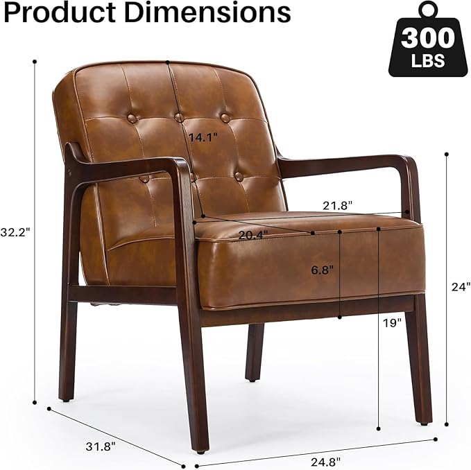 Faux Leather Accent Chair Set of 2, Mid Century Chair for Living Room, Upholstered Comfy Lounge Armchair with Solid Wood Frame, Modern Chair for Bedroom,105°Ergonomic Comfort, Brown