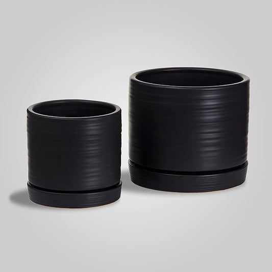 6 + 8 Inch Plant Pots, Ceramic Planter Pot with Drainage Hole & Saucer, Indoor/Outdoor Cylinder Round Planter Pot, Matte Black