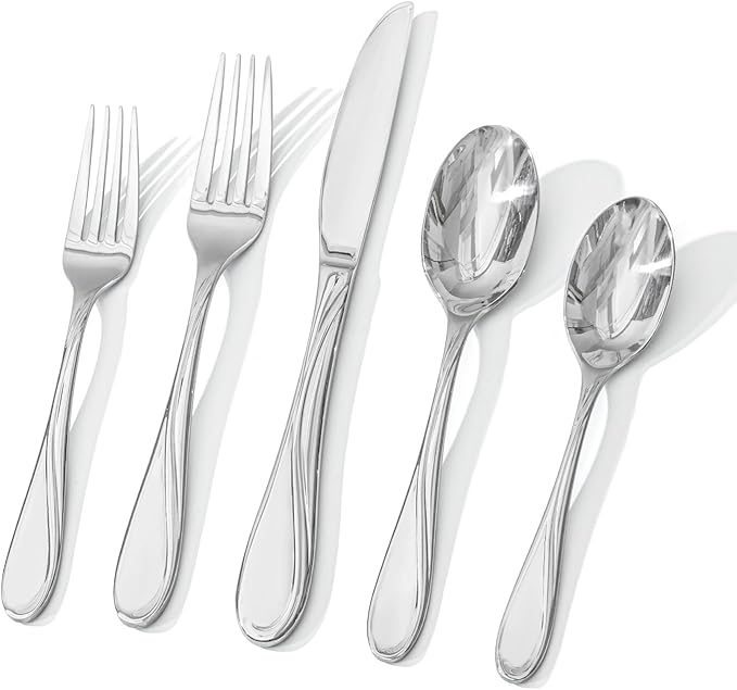 HIKAA Wave Design Silverware Set Service for 6, 30-Piece Artistic Stainless Steel Flatware Set with Fibonacci Pattern, Heavy Duty Mirror Polished Cutlery Set