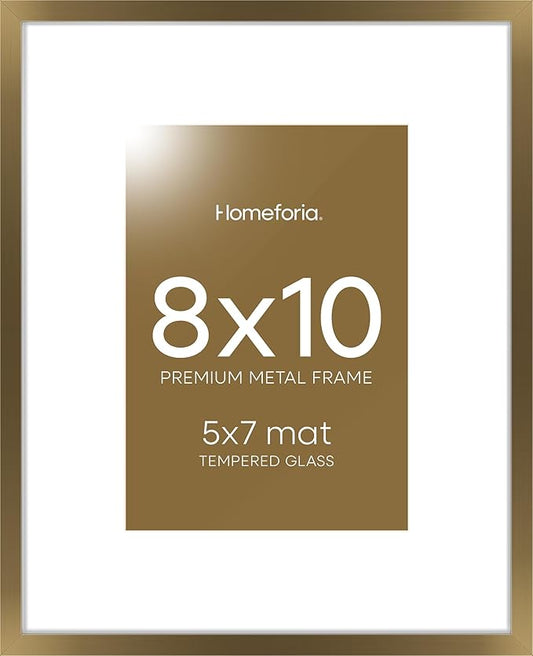 Homeforia Bronze Picture Frames 8x10, High End Metal 8 x 10 Photo Frame with Mat 5 x 7 Art, 10x8 Brass Frame Matted to 5x7 inch Print, 8by10 Wall or Tabletop Frames, Tempered Glass, Wall Kit, Set of 1