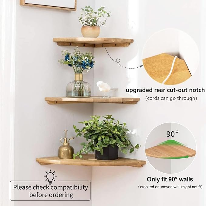 Corner Shelves, Floating Corner Shelf, Set of 2 Solid Oak Wood Wall Shelves, Round End Wall Mount with Wire Hole Shelving for Small Plant for Bedroom Kitchen, Living Room (Oak, 7.1in 2P)