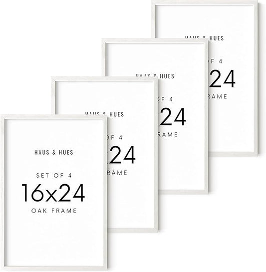 HAUS AND HUES Picture Frames 16x24 - Set of 4 16x24 Picture Frames for Wall, Poster Frames 16x24, 16 x 24 Gallery Wall Frame Set, 16 by 24 Picture Frame Natural Wood Frame (White Frame)