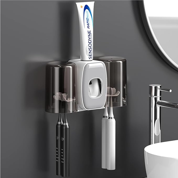 Toothbrush Holders Wall Mounted,Toothpaste Dispenser for Kids Hanging Adhesive Automatic Toothbrush Holders Bathroom Decor with Toothpaste Dispenser 2 Cups - Grey