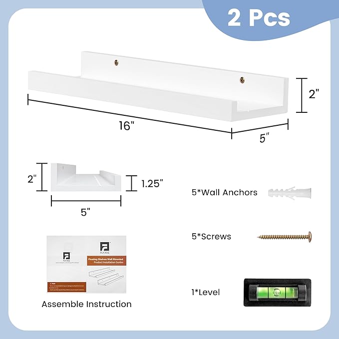 Picture Ledge Shelf for Wall, 16 inch Solid Pine Wood Nursery Book Shelves 2 Packs, Floating Ledge Shelves for Kids' Room Bedroom Bathroom Living Room Photo Frames Office Nursey Wall Decor, White