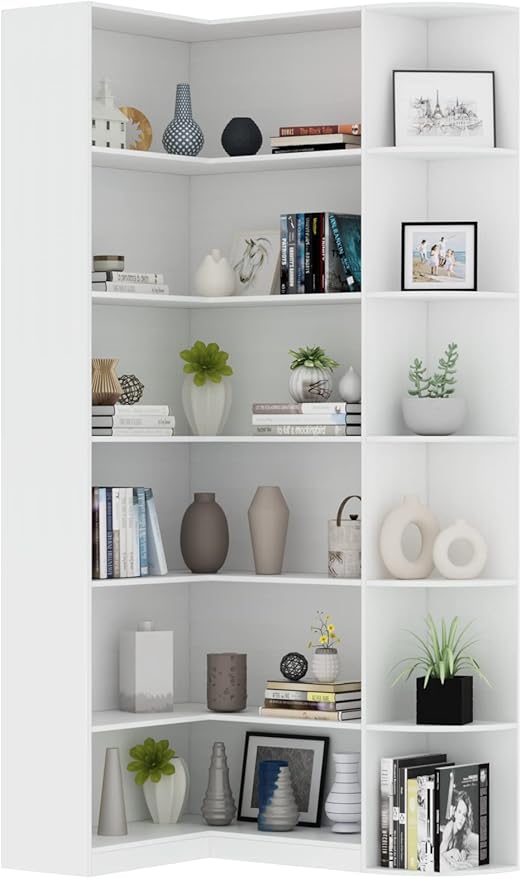 Loomie White Book Shelf, 6 Tiers Shelf Large Tall Corner Etagere Bookcase with Full Baffle, L-Shaped Modern Storage Display Industrial Bookshelves for Bedroom, Home Office, Living Room & Kitchen
