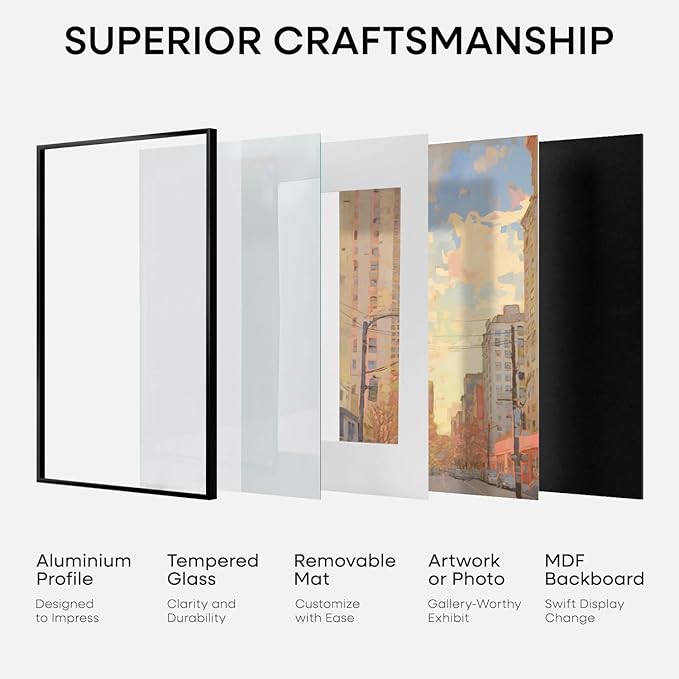 Homeforia A1 Poster Frame Black, High End Metal 23.4 x 33.1 inch Large Picture Frames with Mat 16.5 by 23.4 for Photo, A1 Size Frames Matted to A2 Print, 23.4x33.1 Thin Frame, Tempered Glass, Set of 1
