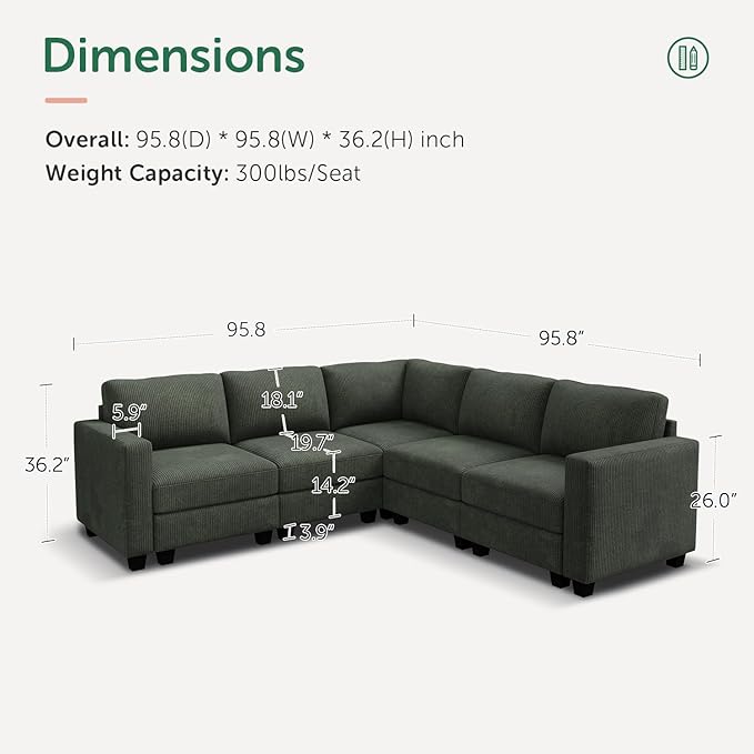 HONBAY Corduroy Modular Sectional Sofa with 5 Seaters, Sectional Corner Sofa with Chaise, L Shape Couches for Living Room, Green