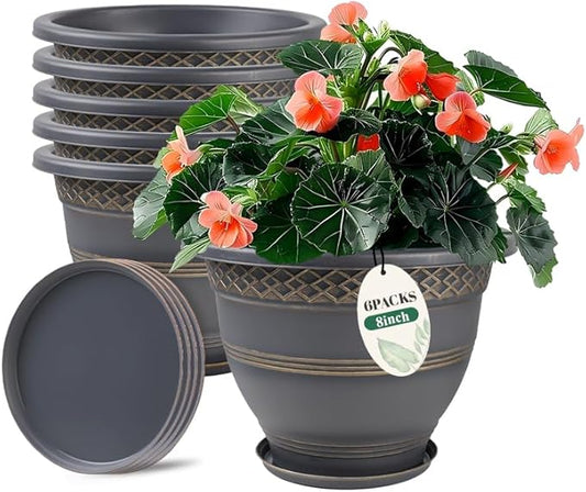 6 Pack 8 Inch Plant Pots, Plastic Flower Pot for Indoor & Outdoor with Drainage Holes & Saucer, Plaid Pattern Planters Garden Pots for Herbs