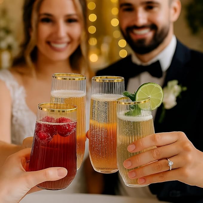 24 Pack Ribbed Origami Ripple Plastic Glasses, 12-9 Ounce Stemless Champagne Flutes & 12-12 Ounce Cups, BPA-Free Disposable Shatterproof Toasting Glasses for Weddings, Bars, and Events (Gold Rim)