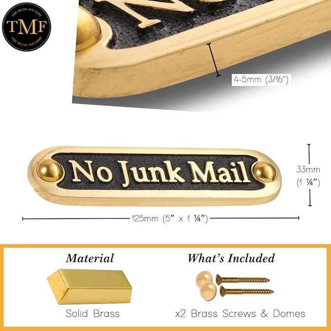 No Junk Mail Metal Brass Door Sign. Traditional Style Home Décor Wall Plaque Handmade By The Metal Foundry UK.