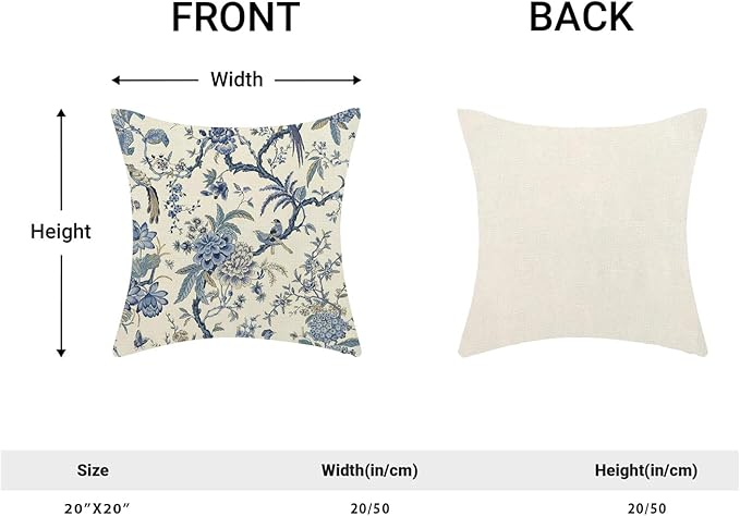 CXMEIFLY Spring Floral Birds Pillow Covers 20 x 20 Inch Set of 2 for Chinoiserie Flowers Decor Throw Pillows Blue and White Plant Outdoor Decorative Cushion Cases for Couch Bed Decorations