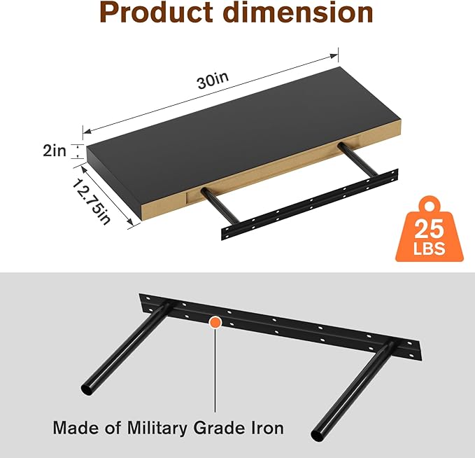 Large Floating Shelves for Wall Set of 2 Wooden Wall Shelves 30 in x 12.75 in x 2 inRoom Decor Long Shelf with Invisible Wall Mount Bracket for Bedroom Kitchen Living Room Black