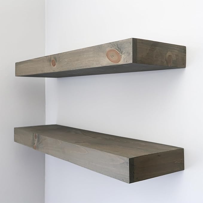 Modern Floating Shelves 3 Inches Thick for Wall, Wide Shelves for Kitchen, Living Room, Bedroom, and Bathroom, Natural Pine Wood, Rustic Wooden Shelf, (Set of 2) (Aged Barrel, 24Lx3Hx6D)