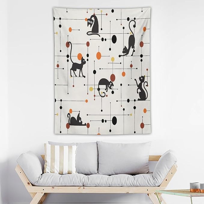 ICMOLYYENLO Abstract Cat Tapestry, Medieval Abstract Atomic Star Cat Vintage Home Wall Hanging Art Tapestry for Bedroom Living Room Dormitory 50x60 Inch