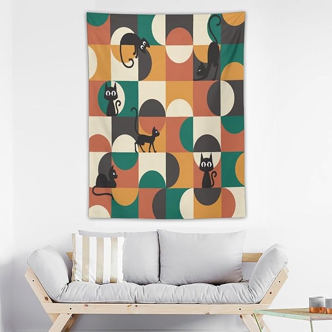 ICMOLYYENLO Boho Medieval Cat Tapestry, Abstract Atomic Starburst Geometric Aesthetic Art Wall Hanging For Bedroom Living Room Dormitory 40x60 Inches