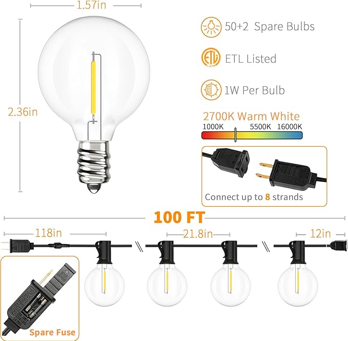 Svater Outdoor String Lights Waterproof 100 FT, LED Patio Lights Outside with 52 Shatterproof G40 Bulbs, Dimmable Hanging Globe Lighting for Bistro Backyard Cafe Market Porch, Warm White 2700K
