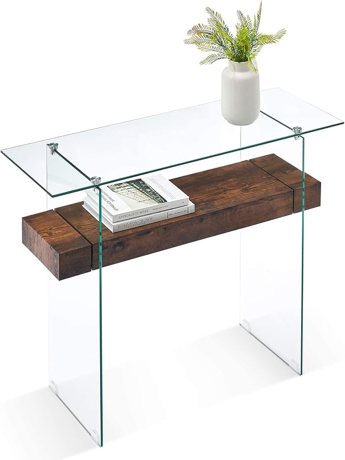 ivinta Glass Console Table with Storage, 39.4" Modern Sofa Table for Living Room, Foyer, Hallway, Bedroom 5101 (Dark Brown)