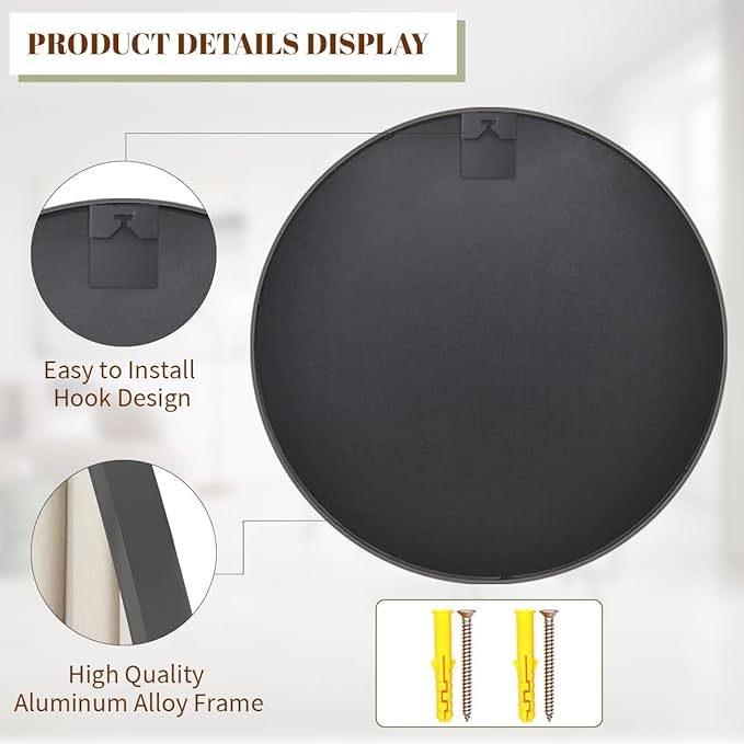 BEAUTYPEAK 20 Inch Round Mirror, Metal Frame Circle Mirror, Wall Mounted for Entryway, Bathroom, Vanity, Living Room, Black