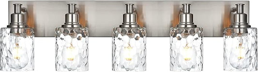 BONLICHT 5 Lights Sconces Wall Lighting Brushed Nickel with Hammered Glass Shade, Industrial Bathroom Light Fixtures Vanity Lights Porch Light Fixtures Classic Metal Wall Mount Lamp Over Mirror