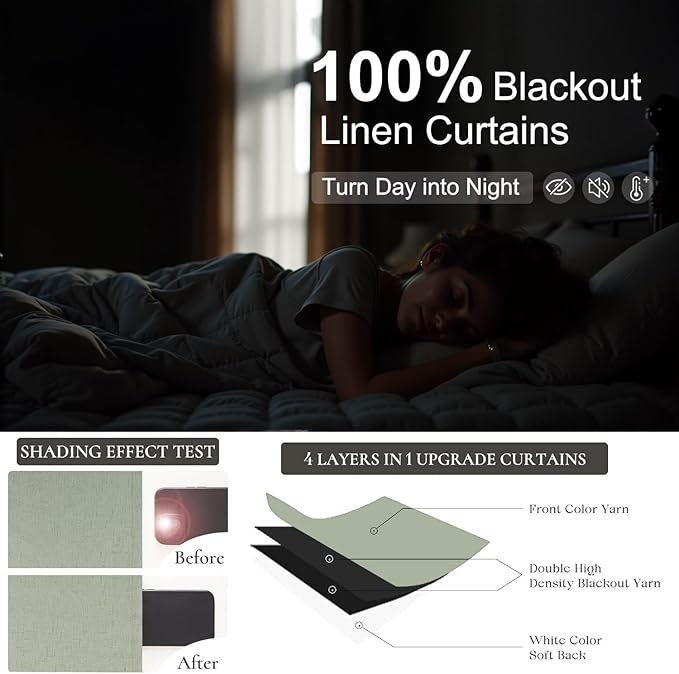 Sage Green Linen Curtains 108 Inches Long 2 Panel Set 100% Blackout Insulated Thermal Curtains for Summer Heat Blocking Light Green Drapes for Bedroom Living Room Sliding Door Rustic Country Farmhouse