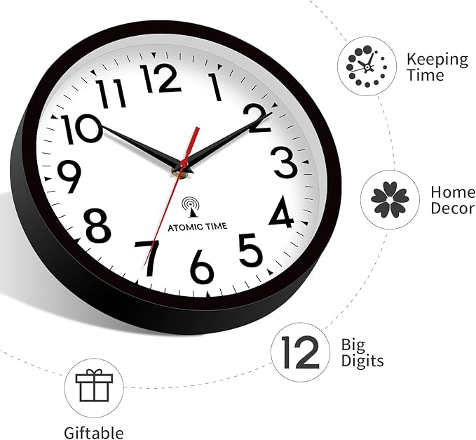 Atomic Wall Clock Analog 10 Inch Battery Operated Modern Decorative for Living Room Kitchen Office Bedroom Bathroom(Black)