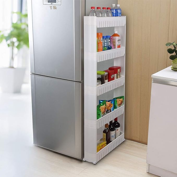Laundry Room Organizer, Mobile Shelving Unit Organizer with 5 Large Storage Baskets, Gap Storage Slim Slide Out Pantry Storage Rack for Narrow Spaces