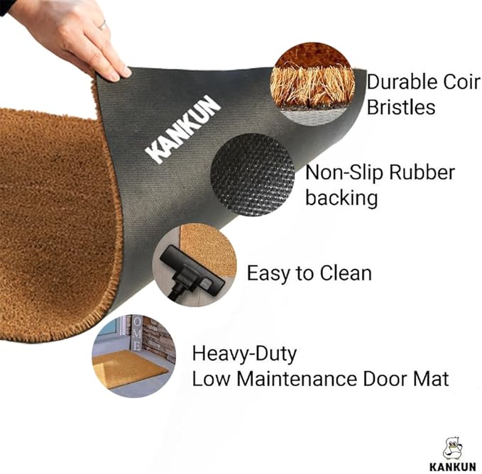 KANKUN Coco Coir Door Mat with Heavy Duty Backing, Welcome Doormat (17" x 30"), Doormat Entrance (Wipe Your Paws)