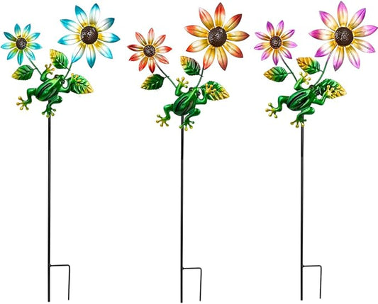 3 Pack Frog＆Flowers Garden Stakes Decor,Metal Yard Art Decorative Garden Stakes,Metal Flowers Spring Outdoor Decor for Mom,Women,Grandma