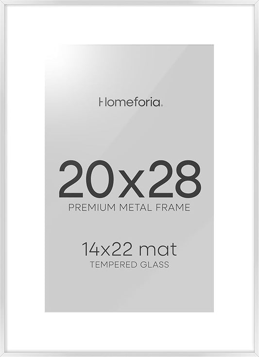 Homeforia 20x28 Picture Frame Silver, High End Metal 20 x 28 Poster Frame with Mat 14 x 22 for Photo, 20x28 Silver Frames Matted to 14x22 Print, 28x20 Hanging Frame, Tempered Glass, Wall Kit, Set of 1