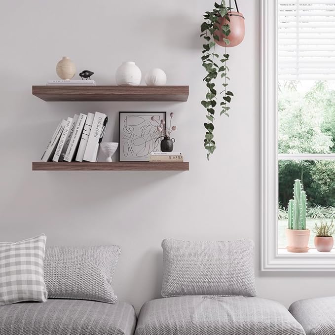 Floating Shelf, Set of 2 Wall Shelf, 30 in W x 12.75 in D x 2 in H Wooden Floating Wall Shelf with Invisible Brackets for Living Room/Bedroom/Bathroom/Kitchen Storage and Decor, Walnut