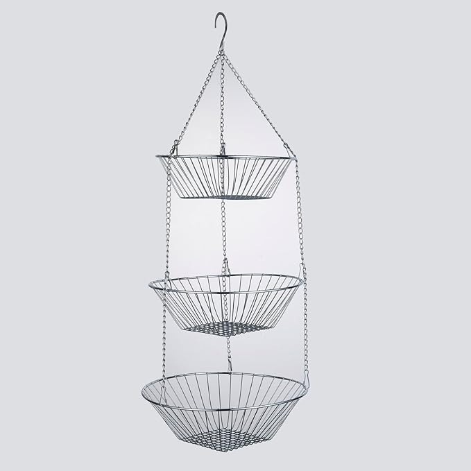 3-Tier Wire Fruit Hanging Basket 2 Packs, non-Punching Wall Hanging Storage, Kitchen Bathroom Organization Basket, Suitable for Bathroom, Kitchen, Closet, Garden, Chrome
