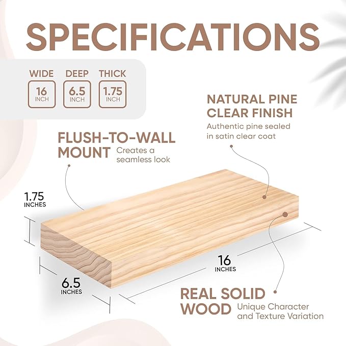 Homeforia 16 inch Natural Floating Shelf, High End Solid Real Wood 16inch Small Floating Shelves for Wall Mounted, Natural Wooden Floating Shelves, Heavy Duty Bracket, 16 X 6.5 X 1.75 in, Set of 3