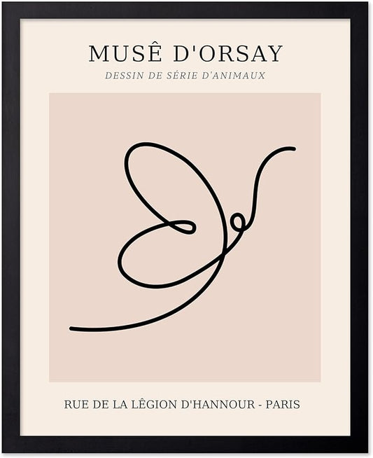 Poster Master Vintage Poster - Retro One Line Butterfly Drawing Print - Butterfly Line Art - Minimal Gift for Him, Her, Animal Lover - Abstract Decor for Home, Office, 8x10 Black Framed