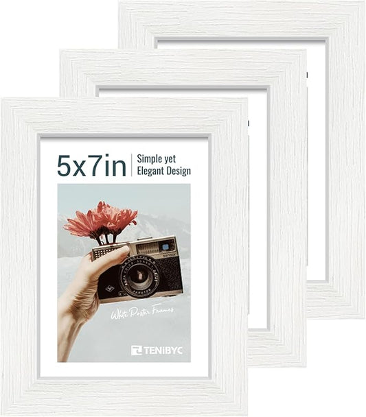 5x7 Picture Frame 3 Pack - White Woodgrain, Solid Wood & HD Tempered Glass, Table Display or Wall Hanging
