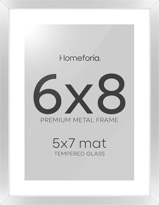 Homeforia Silver Photo Frame 6x8, High End Metal 6 x 8 Silver Picture Frames with Mat 5 x 7, 6by8 Desk Frame Matted to 5x7 inch Art, 6 by 8 Wall or Tabletop Frames, Tempered Glass, Wall Kit, Set of 1