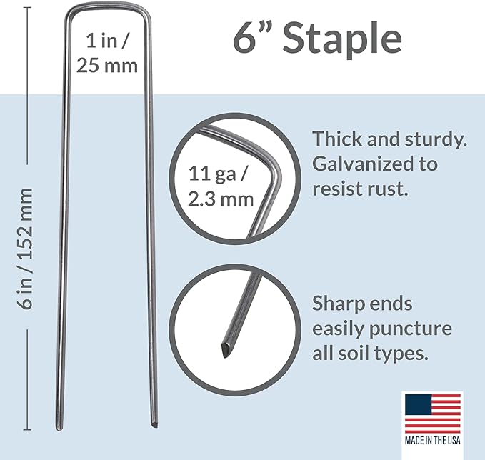Pinnacle Mercantile USA Made 50 Pack Garden Landscape Staples Weed Barrier Fabric Stakes Galvanized 6 inch Pins Anti Rust Sod Staple 11 Gauge Steel