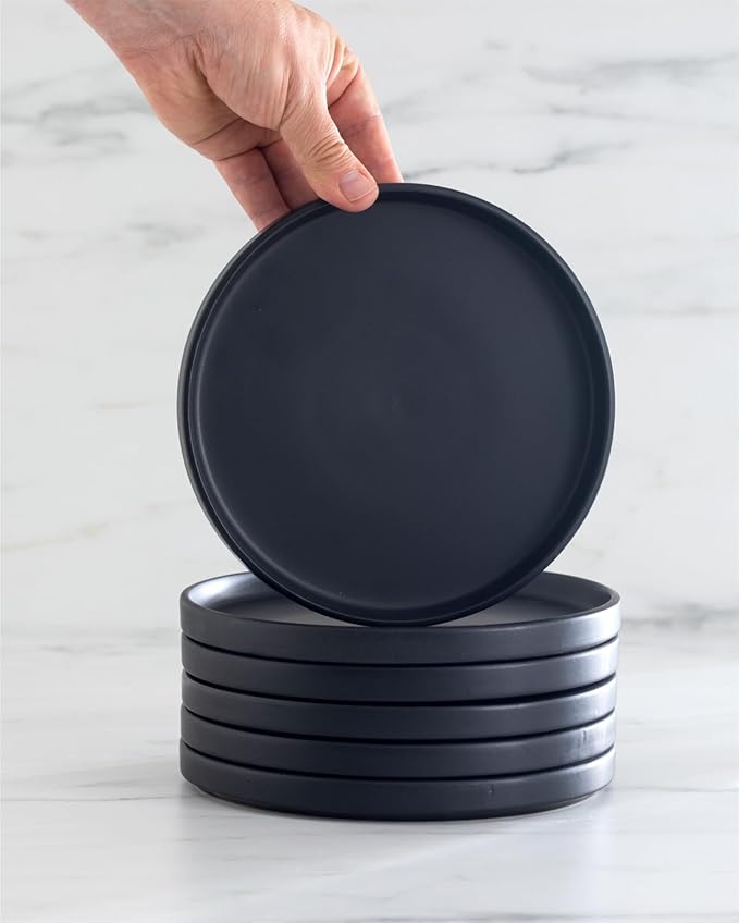 Ceramic Dinnerware Set - Scratch Resistant, Dishwasher & Microwave Safe Stoneware - 12 Piece Plates and Bowls for 4 - Matte Black