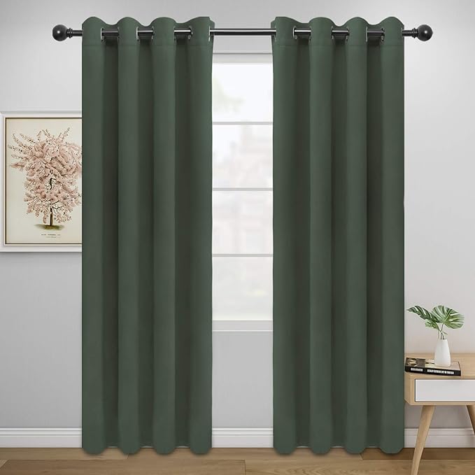 Easy-Going Blackout Curtains for Bedroom, Solid Thermal Insulated Grommet and Noise Reduction Window Drapes, Room Darkening Curtains for Living Room, 2 Panels (52x84 in,Greyish Green)