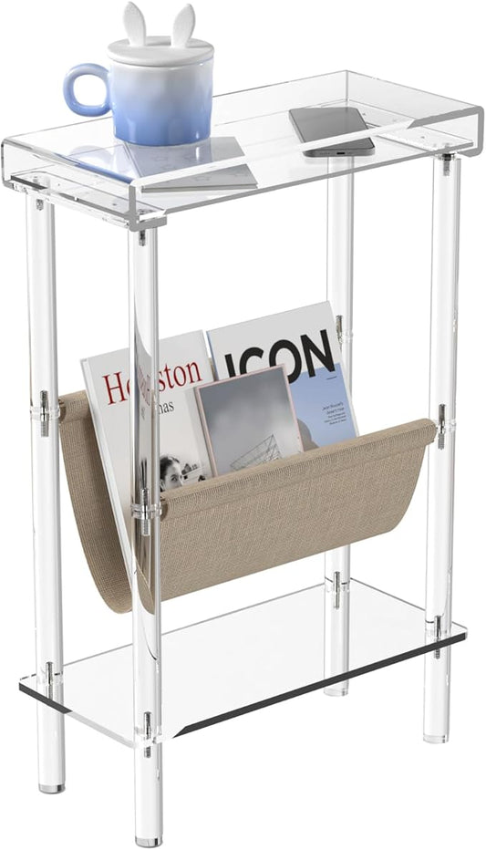 Eglaf Acrylic Narrow Side Table for Small Spaces - Slim End Table with Magazine Holder - Skinny Side Table Small Bedside Table Nightstand for Living Room Bedroom- 15.7” L x 7” W x 23.9” H, Clear