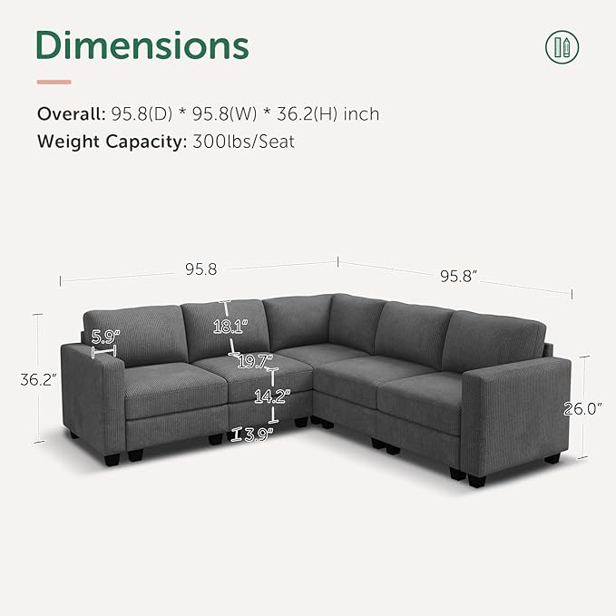 HONBAY Corduroy Modular Sectional Sofa with 5 Seaters, Sectional Corner Sofa with Chaise, L Shape Couches for Living Room, Dark Gray