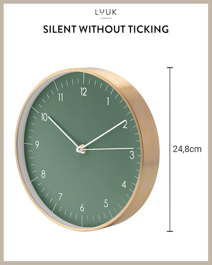 LUUK LIFESTYLE Wall Clock with Silent Movement, Without Ticking, Elegant and Functional Design, Housewarming Gift idea, Decorative, Dark Green and Gold