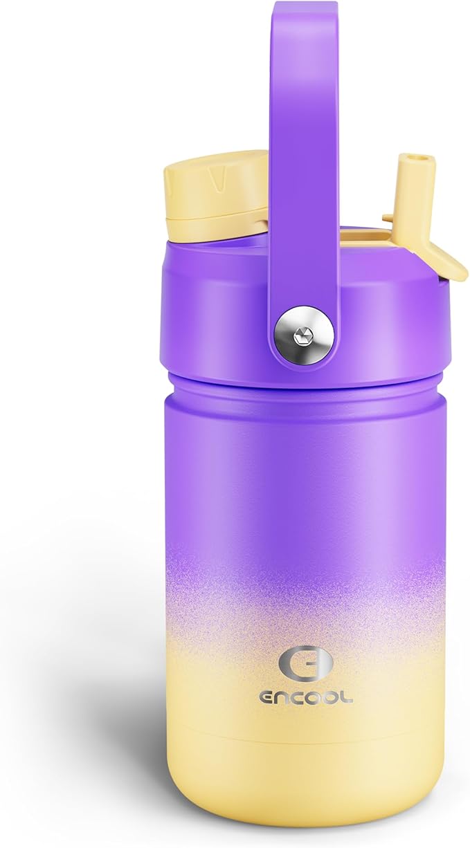 Kids Insualated Water Bottle with Straw - 12oz Stainless Steel Water Bottle with Dual Spouts, Leak-Proof, BPA-Free, Double Wall Vacuum Keeps Cold for 24 Hours for Sports, Travel, School (Peach Dream)